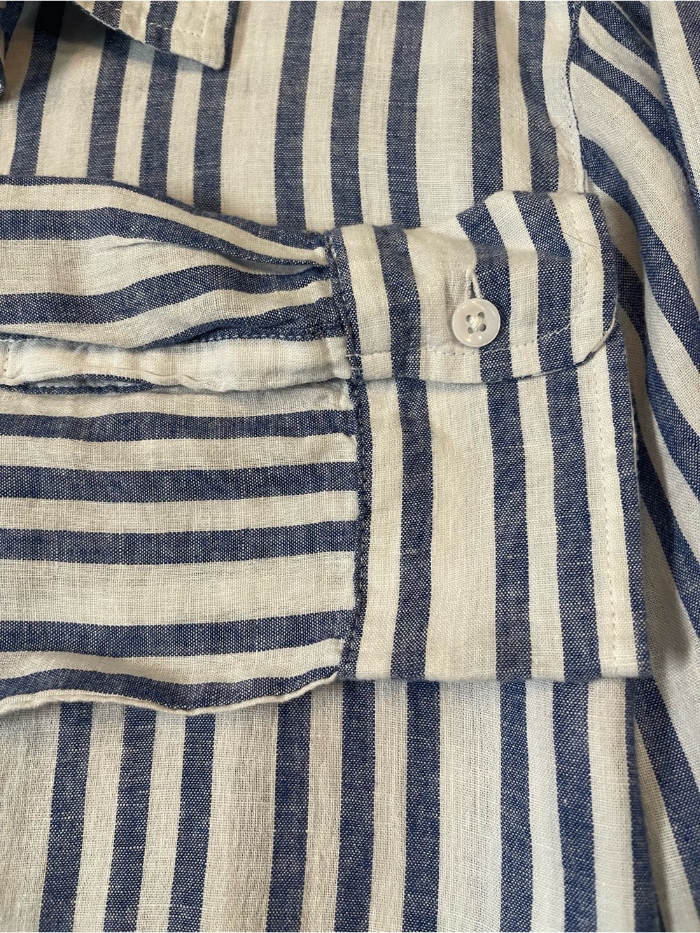 Lola River XL Blue White Linen Lyocell Striped Button Down Roll Tab Shirt - Picture 7 of 9